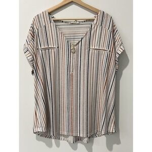 Flower & Feather Popover Top Womens 2X Brown Navy Stripe Short Sleeve Zip V-Neck